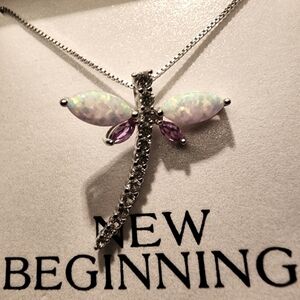 BNWTNew beginnings sterling silver dragonfly pendant necklace Opal And Saphire